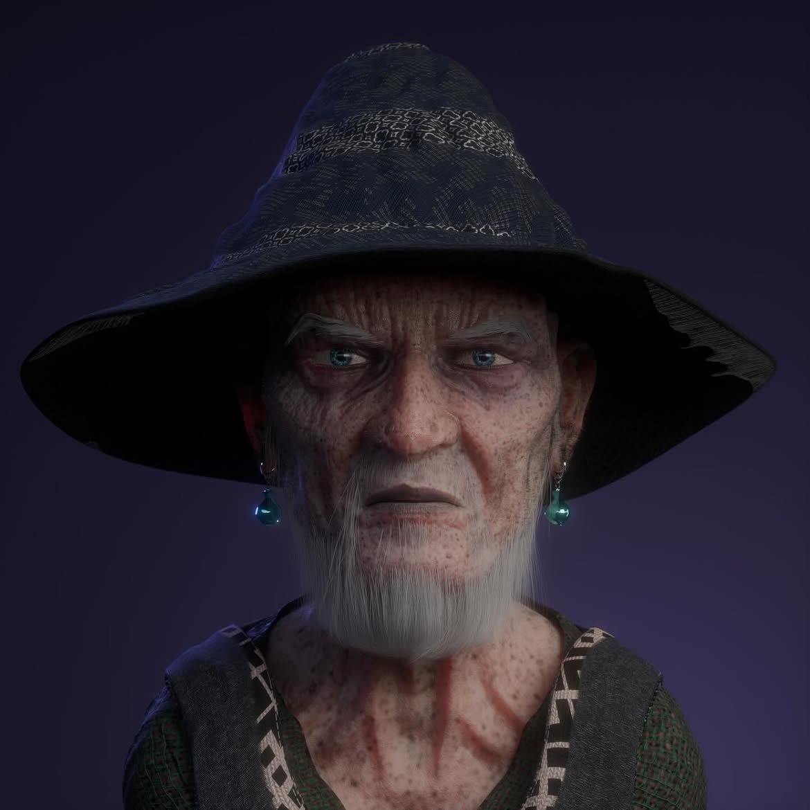 Detailed portrait of an older wizard character wearing a broad hat